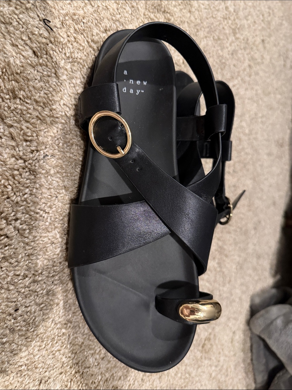 a new day Black Strappy Sandals with Gold Buckle Accent